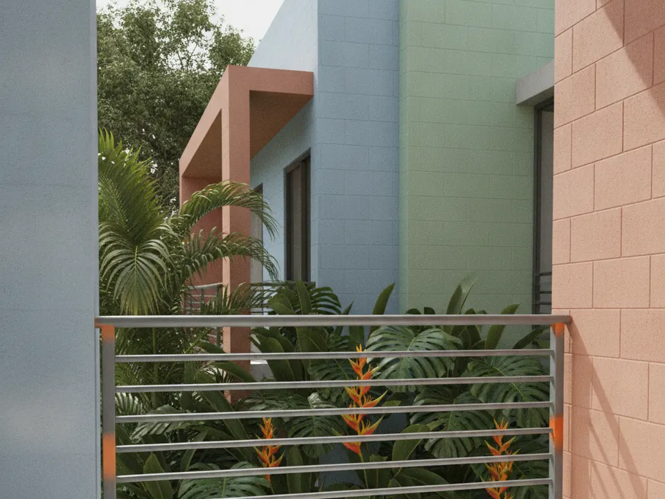 Ilustración de una baranda moderna de tubos horizontales gris en un balcón blanco