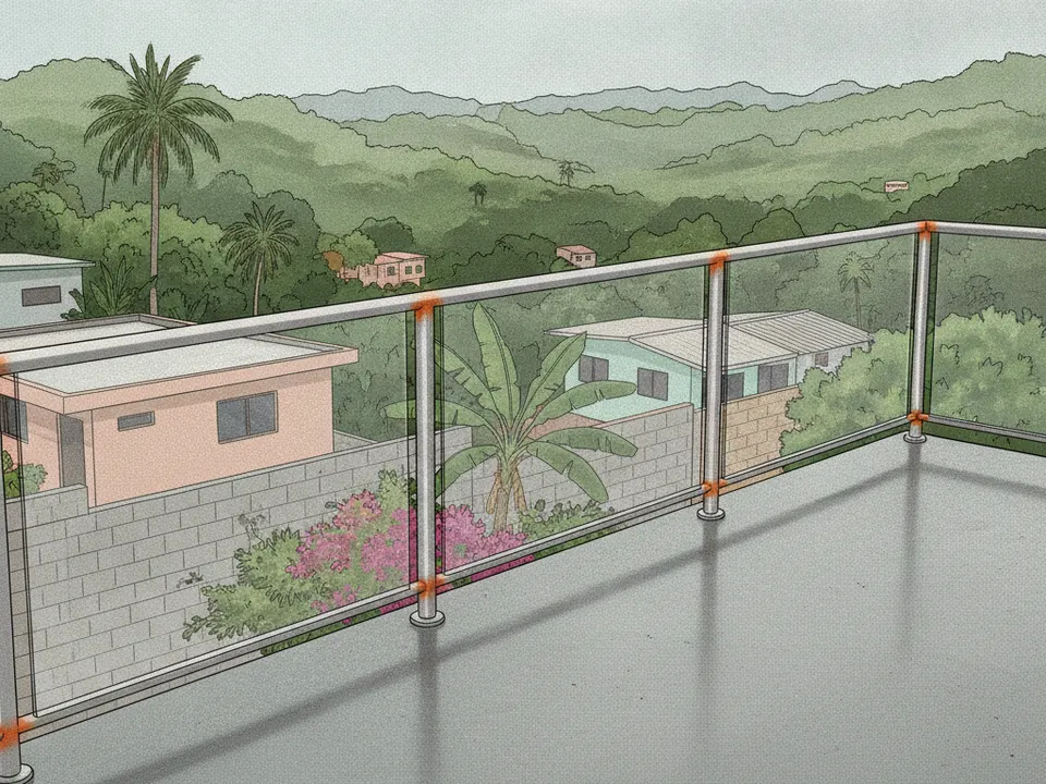 Ilustración de una baranda de vidrio templado y acero inoxidable en una terraza con vista