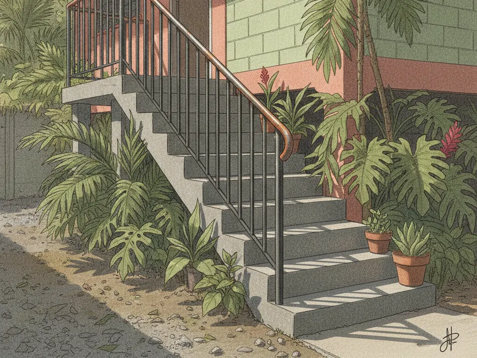 Ilustración de una grada exterior con baranda de barrotes verticales negros y pasamanos redondo