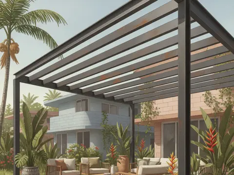 Ilustración de una pérgola minimalista de metal gris con lamas paralelas sobre una terraza de madera