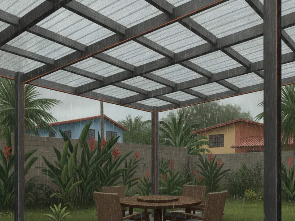 Ilustración de una pérgola de metal con techo de policarbonato sobre un patio bajo la lluvia