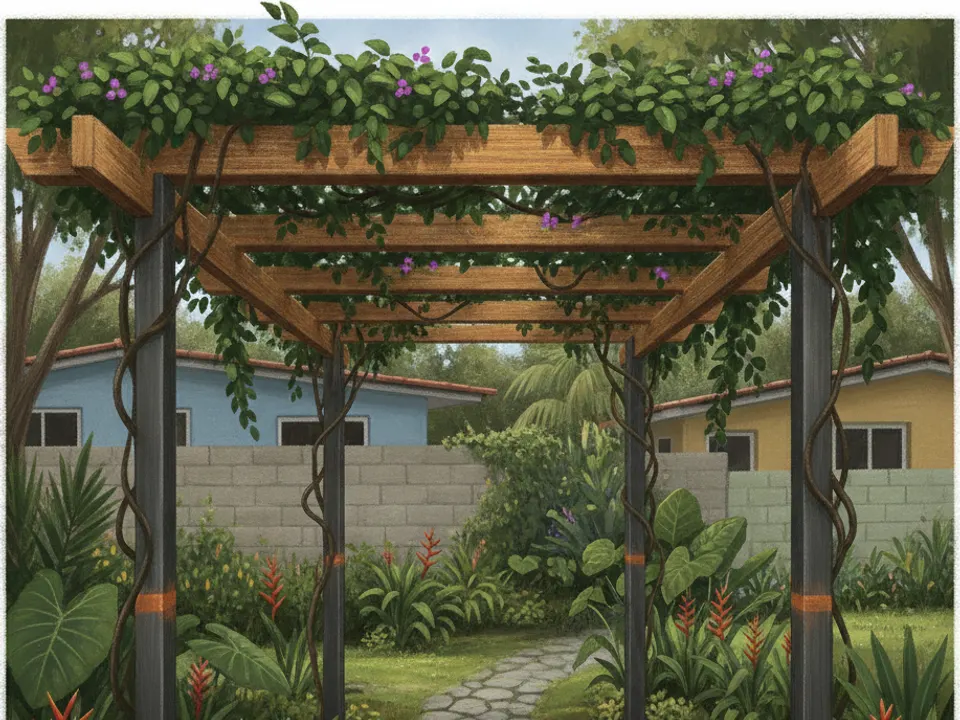Ilustración de una pérgola de jardín con columnas de metal y vigas de madera con enredaderas