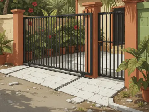 Ilustración de un portón corredizo sencillo de barrote vertical negro con portón peatonal a juego