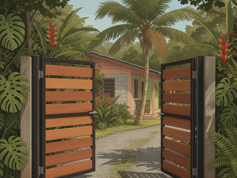 Ilustración de un portón abatible de dos hojas de hierro y madera en una casa de campo