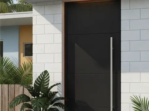 Ilustración de una puerta de metal moderna de lámina lisa negra con manija vertical