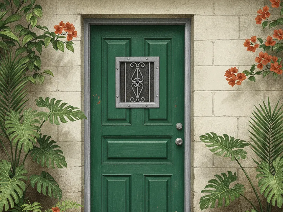Ilustración de una puerta de metal clásica con tableros en relieve y ventanilla con barrotes