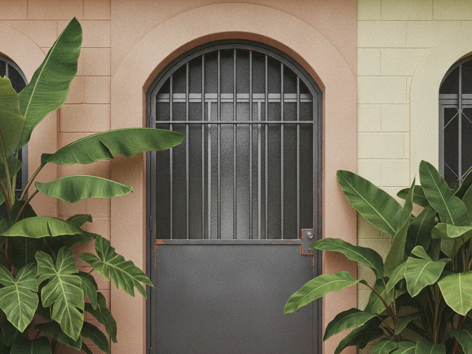 Ilustración de una puerta de seguridad de barrotes con vidrio y lámina en la parte baja