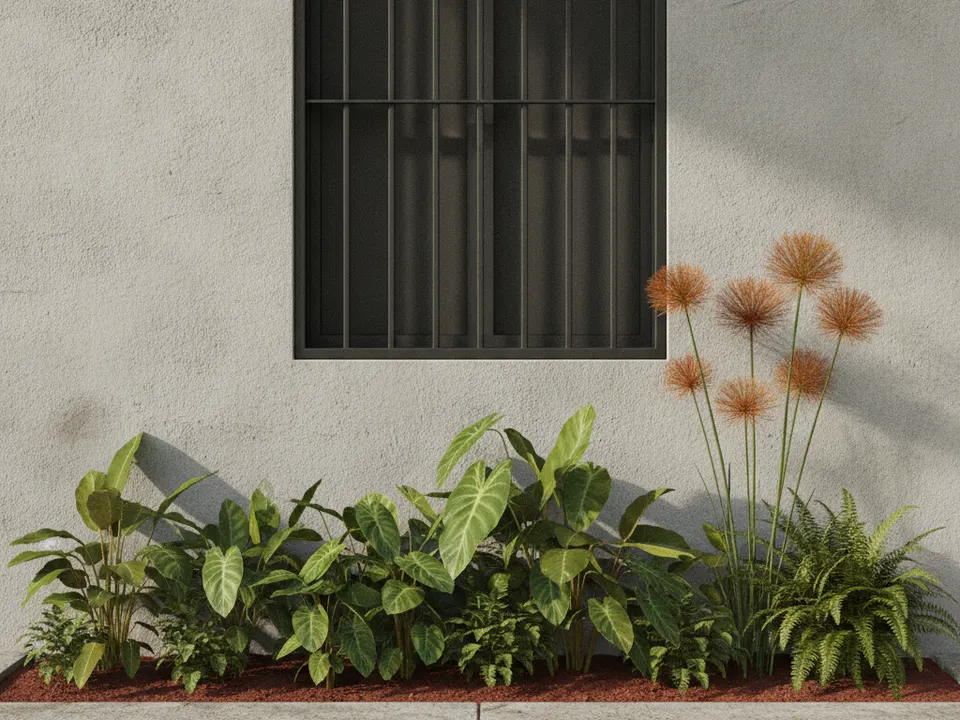 Ilustración de una verja sencilla de barrote vertical recto en una ventana de casa