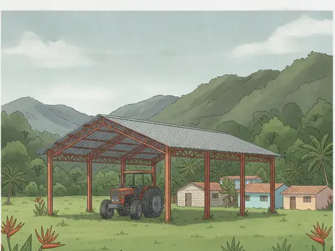 Ilustración de un galerón con estructura de cerchas metálicas y techo de lámina en una finca