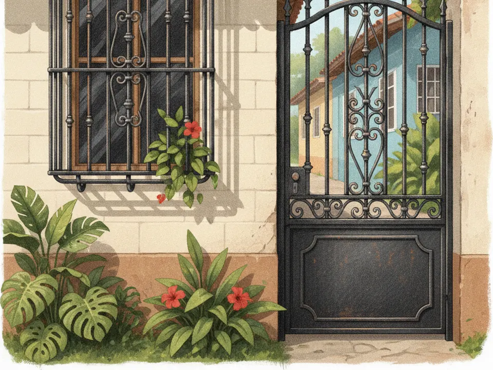Ilustración de un portón peatonal y una verja de hierro forjado con volutas y puntas de lanza en una casa colonial