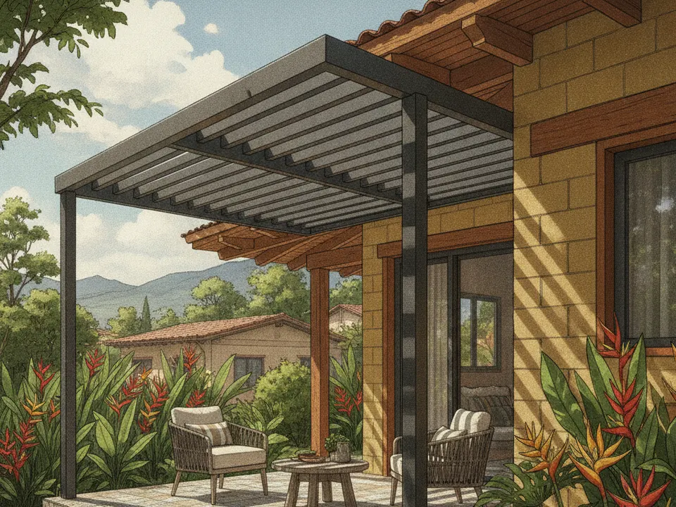 Ilustración de una pérgola de metal gris oscuro sobre una terraza con jardín tropical