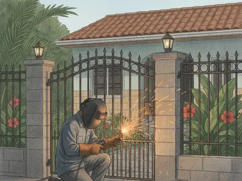 Ilustración de un soldador con careta reparando la bisagra de un portón de hierro frente a una casa
